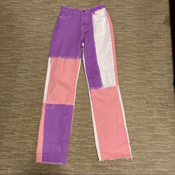 pink multicolored spliced/patchwork jeans - Picture 1 of 4